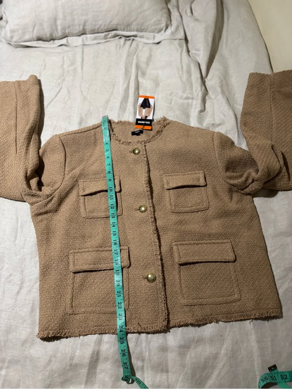 Express Women’s Tweed Fringe Jacket Tan Gold Button XXL Nwt - Picture 8 of 12